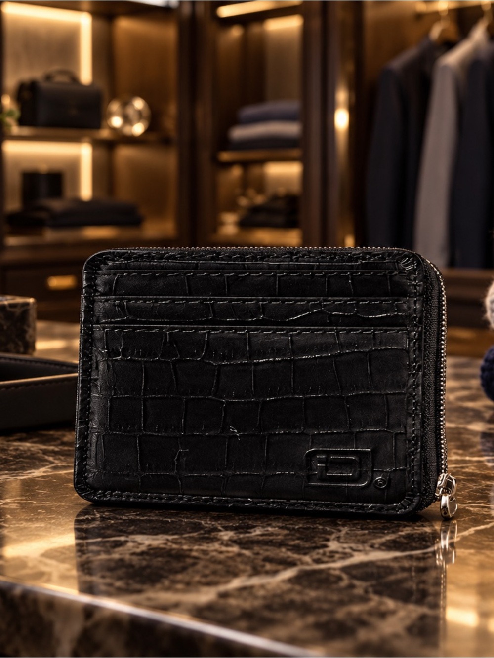 Identity Stronghold Black RFID BLOCKING Mini Crocodile Embossed Leather Wallet